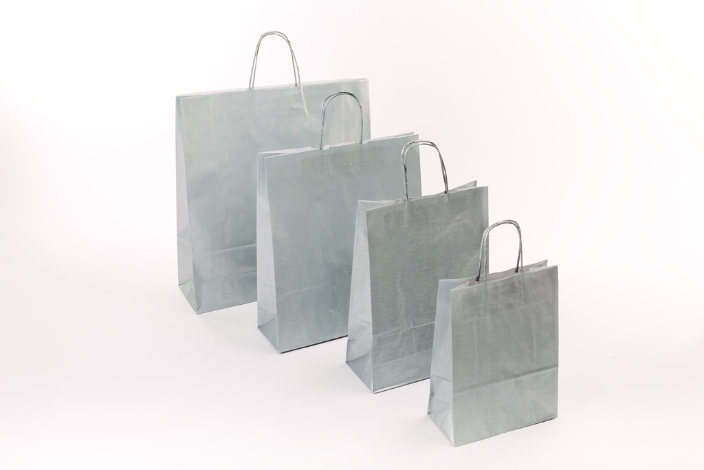 Bolsa de papel celulosa con asa torcida, color plata, 32X13X41 CM, 25 unidades