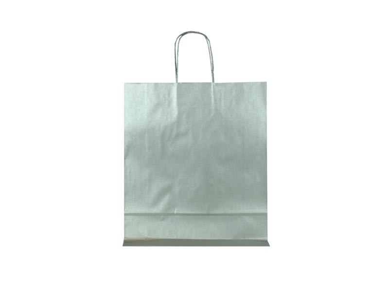 Bolsa de papel celulosa con asa torcida, color plata, 32X13X41 CM, 25 unidades