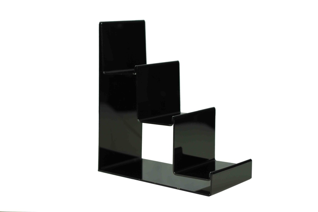 Expositor de metacrilato en forma de escalera color negro en tres alturas