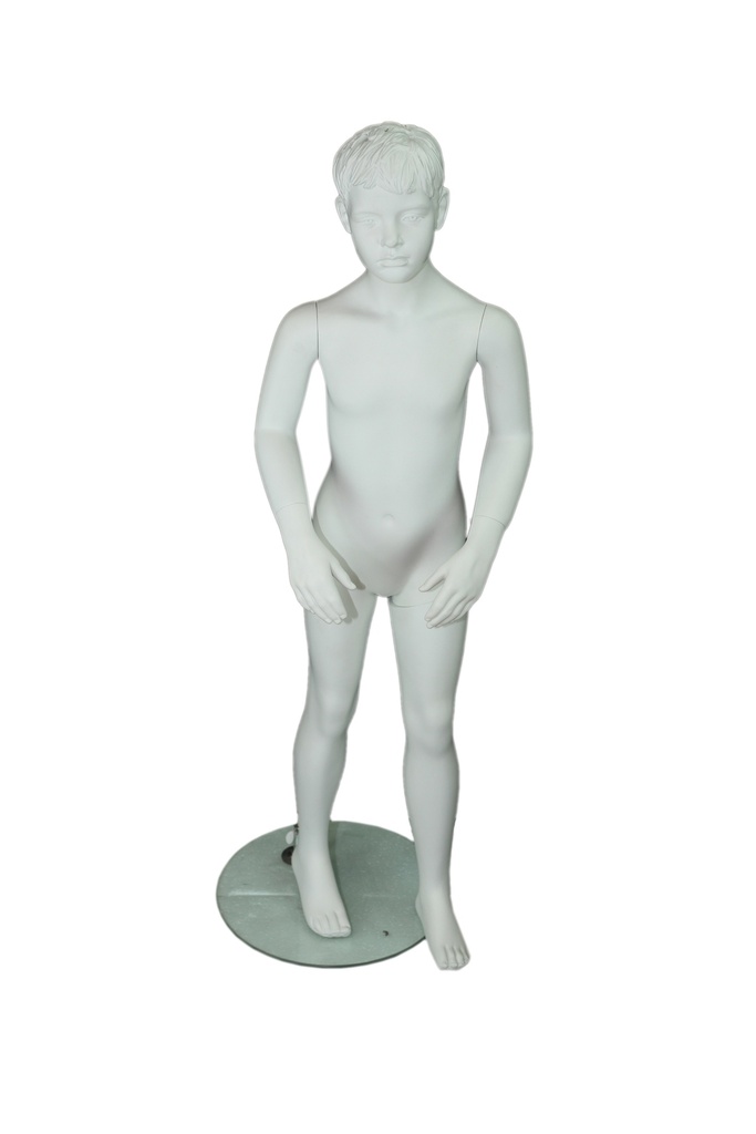 Maniquí infantil blanco mate con cabello tallado y características, 6-8 años