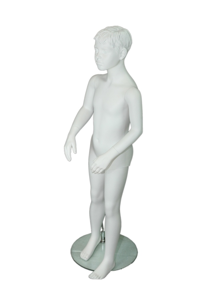 Maniquí infantil blanco mate con cabello tallado y características, 6-8 años