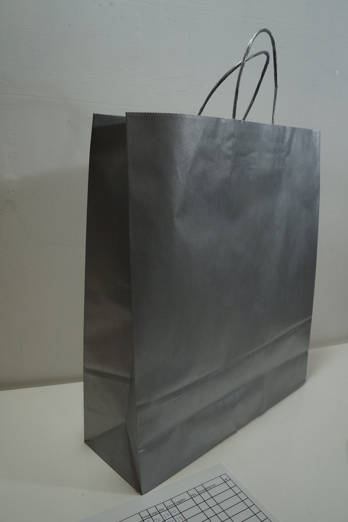 Bolsa de papel celulosa con asa torcida, color plata, 32X13X41 CM, 25 unidades