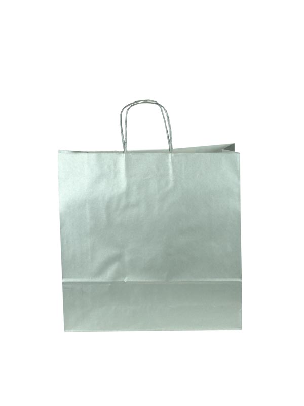 Bolsa de papel celulosa con asa torcida, color plata, 32X13X41 CM, 25 unidades