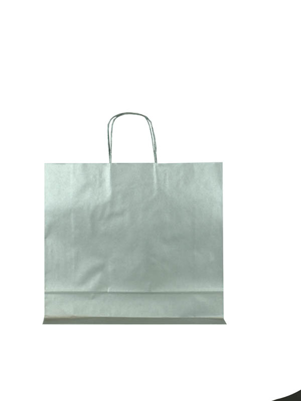 Bolsa de papel celulosa con asa torcida, color plata, 32X13X41 CM, 25 unidades