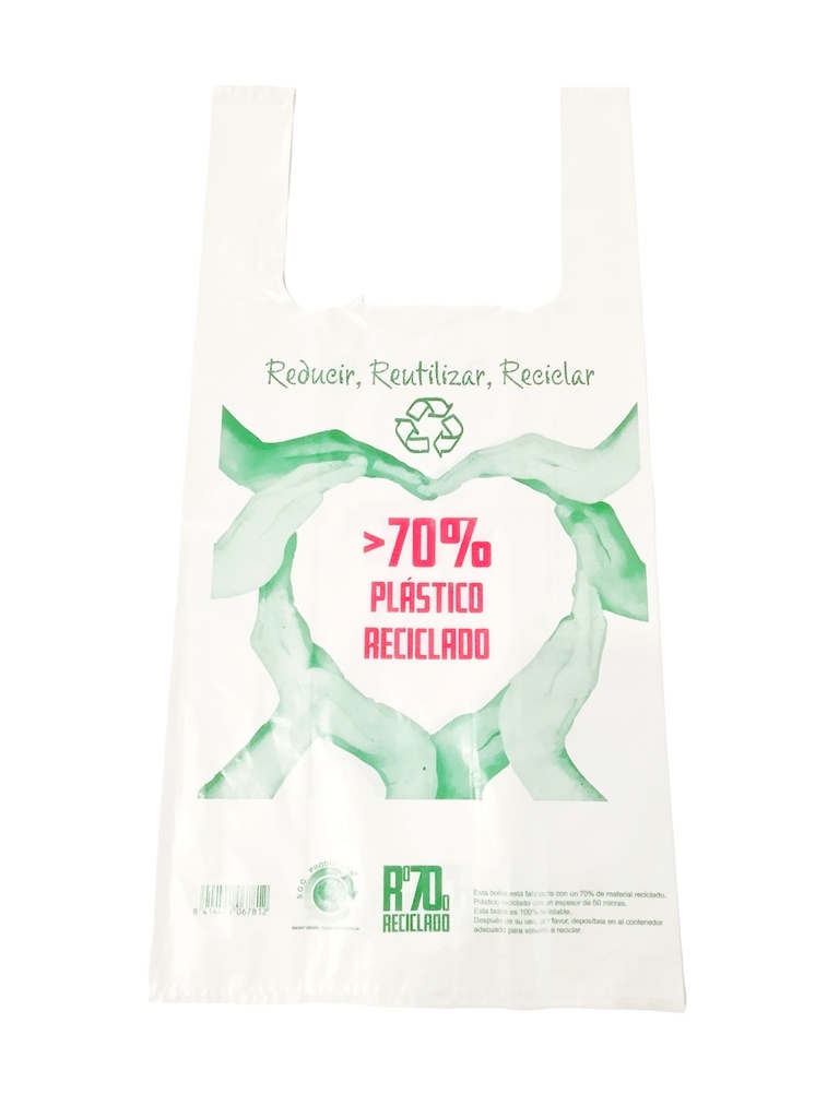 Bolsa de plástico estilo camiseta blanca con logo, 70% reciclada, 42X53 cm