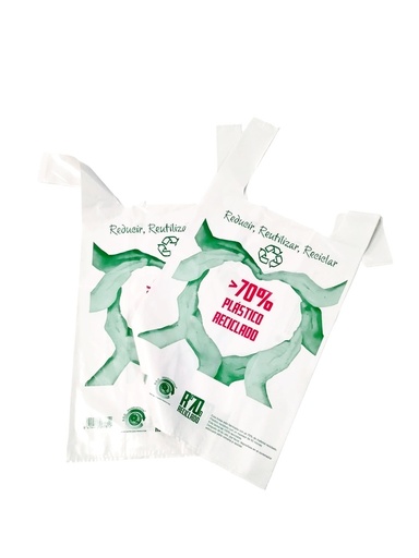 [0101056] Saco plástico estilo T-shirt branco com logotipo, 70% reciclado, 42X53 cm